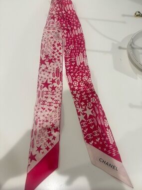 CC Pink and White Printed Silk Twilly Scarf